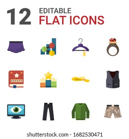 Iconos planos de 12 estilos establecidos aislados en fondo blanco. Iconos con falda, tendencias en medios sociales, ropa, Scrapbooking, ranking, joyas hechas a mano, visión de computadora, iconos de pantalones.