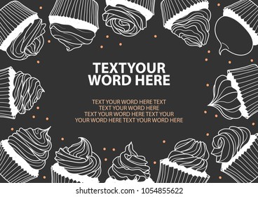 12 styles of cupcakes in white outline and pink dots on dark gray background and space for text. Poster or background design in vector illustration.