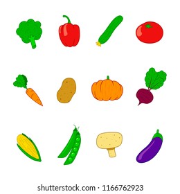 12 stylized and colourful vegetables illustration set