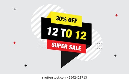 12 to 12 super sale 30% off editable web banner design with editable icon badge black red yellow white colors abstract shapes on light gray background eye catching unique template for promotions
