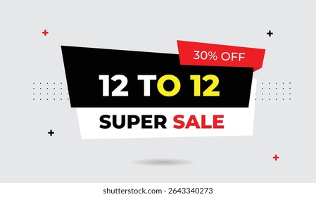 12 to 12 super sale 30 percent off editable minimal banner vector art illustration design red white black shapes light gray background perfect for modern marketing promotions and eye-catching displays