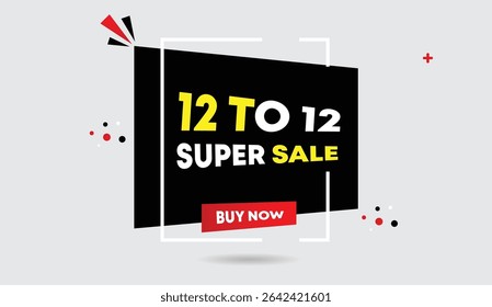 12 to 12 super sale buy now editable vector art illustration design featuring bold black red white shapes on light gray background trendy modern graphics perfect for instant download and customization