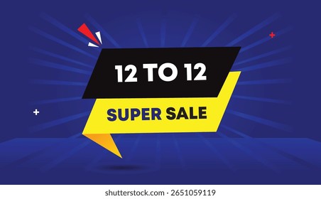 12 to 12 super sale editable web banner vector art illustration label icon badge template design black yellow shapes blue dark light gradient sunshine abstract business background 4k