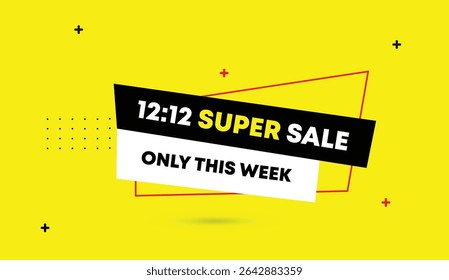 12 to 12 super sale only this week editable web banner vector art illustration design with black white red shapes yellow business abstract background grab attention boost traffic unique trendy creativ