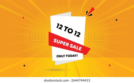 12 TO 12 Super Sale only today editable web banner vector art icon badge with white red orange yellow shapes abstract business background high quality 4k design perfect for promotions and ads