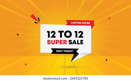 12 TO 12 Super Sale only today Limited offer Editable web banner Vector art Illustration Badge icon White Black Red shapes Orange Yellow Abstract sun shine background Unique design for standout promo
