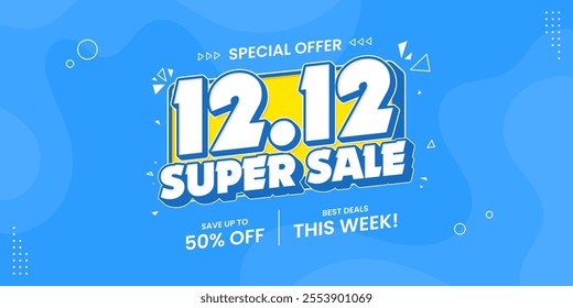 12 12 super sale promo banner with discount offer. 12 12 shopping festival super sale banner. Flash sale special offer banner for social media post or website banner. Flash sale campaign