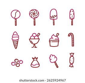 12 sweet treats ice cream and candy icon set, pink and red minimalist outline style, vector set of sweet dessert food
