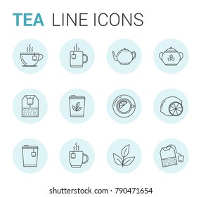 12 Tea line icons in circles - tea bags, tea cups and mugs, leaves, lemon, sugar, teapot, vector eps10 illustration