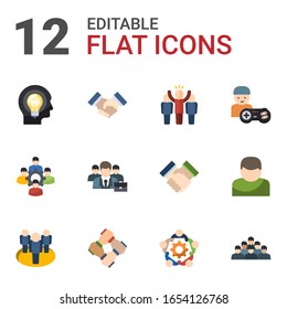 12 team flat icons set isolated on white background. Icons set with Creative people, partnership, leader, colleague, business people, gamer, start-up team, teamwork, employee icons.