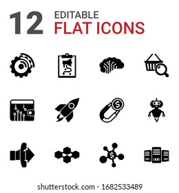 12 technology filled icons set isolated on white background. Icons set with Streaming software, social media strategy, AI Architecture, digital wallet, rocket, Marketing research icons.