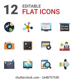 12 technology flat icons set isolated on white background. Icons set with space, Business networking, layout, Photo services, AI Decision, coding, Graphic tablet, Digital marketing icons.
