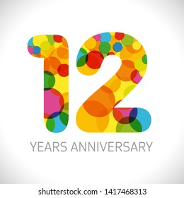 12 th anniversary numbers. 12 years old multicolored logotype. Age congrats, congratulation art idea. Isolated abstract graphic design template. Coloured digits up to -12% percent off discount. 