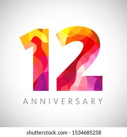 12 th anniversary numbers. 12 years old multicolored logotype. Age congrats, congratulation art idea. Isolated abstract graphic design template. Coloured 1, 2 digits. Up to 12% percent off discount.