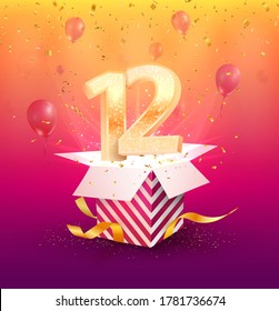 12 th years anniversary vector design element. Isolated twelve years jubilee with gift box, balloons and confetti on a bright background. 