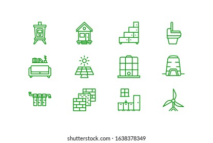 12 Tiny House Lifestyle Green Line Icon Set