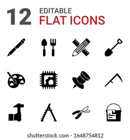 12 tool filled icons set isolated on white background. Icons set with Pen, Gardening tools, Pencil & ruler, Painting, Electronics repair, Shovel, Handicraft, stepladder icons.