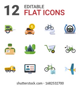 12 transportation flat icons set isolated on white background. Icons set with pet trailer, Car rental, Bike tour, Delivery service, Camping, Autopilot, Tipper, Free Shipping icons.