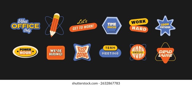 12 Trendy office-themed sticker collection with bold typography and playful shapes. Trendy retro y2k emblems and labels. Fun retro vector elements for social media.	