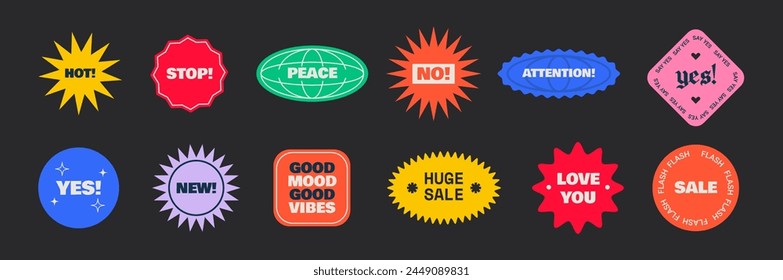 12 Trendy Retro Y2K Colorful Stickers. Trendy Y2K Stickers. Attention, yes, no, stop, new, good mood, good vibe, huge sale, love you, hot. 