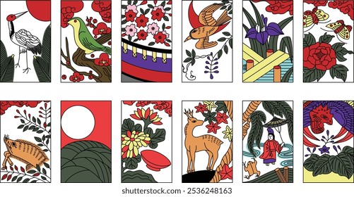 12 types of color Hanafuda icon set