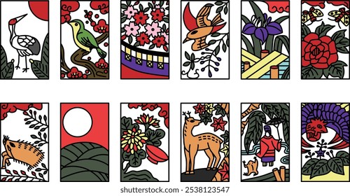 12 types of color simple Hanafuda icon set