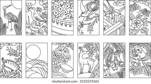 12 types of line drawing hanafuda icon set