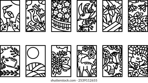12 types of line drawing mini hanafuda icon set