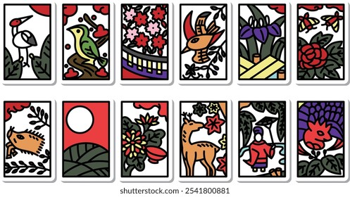 12 types of sticker mini hanafuda icon set