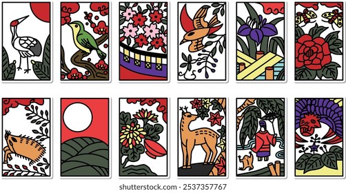 12 types of sticker simple hanafuda icon set