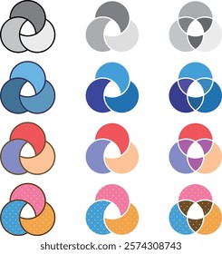 12 types of Venn diagrams of gray, blue, orange, purple, red, pink, orange, and light blue polka dots