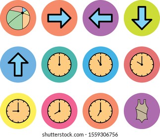 12 Universal icon for your project. Clocks, arrows, ball, swimsuit.
   