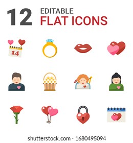 12 valentine flat icons set isolated on white background. Icons set with Valentines Day, diamond ring, kiss, girlfriend, flower basket, love, rose, balloons, heart lock icons.
