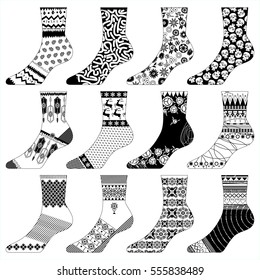 12 variously decorated socks. Black and white. Fabric design. Vector illustration