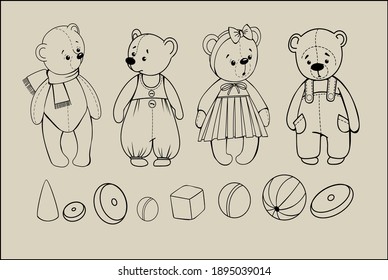 12 vector elements. Baby toys bears, balls and cubes
