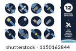 12 vector flat isolated color communication artificial satellite icon in circle space background with GPS tracking radar station, solar panel and dish. 