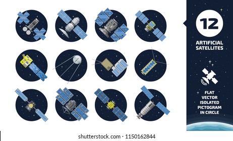 12 vector flat isolated color communication artificial satellite icon in circle space background with GPS tracking radar station, solar panel and dish. 