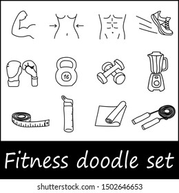 12 vector hand drawn doodle fitness at home icon set black and white