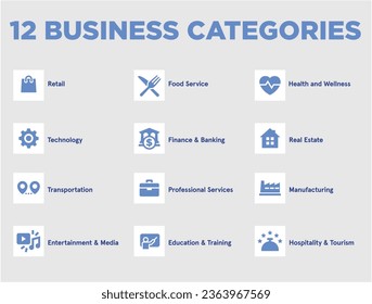 12 vector icons for 12 categories of business industries