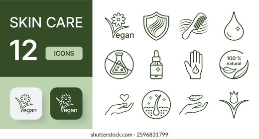 12 Vector Icons Depicting Skin Care Themes With a Focus on Vegan and Natural Products. Leaves, Droppers, Shields, Hands and More