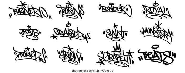 12 Vector illustration graffiti tag set lettering street art
