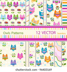 12 vector owls seamless patterns