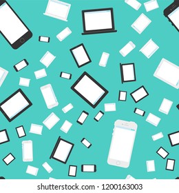 12 vector stylish seamless patterns with notebook, smartphone and tablet in flat style. Cartoon design backdrops about technology, IT, internet, social networks and technical progress and support