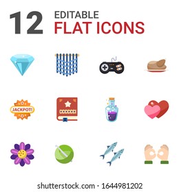 12 vintage flat icons set isolated on white background. Icons set with diamond, macrame, joystick, Jackpot, Scrapbooking, chicken, Floral design, crochet, sardine, Handmade icons.