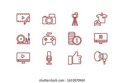 Conjunto de iconos de línea roja de 12 Vlogger. Logotipo de creador de contenido de vídeo.