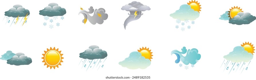 12 Clima universal iconos establecidos con estrella fugaz, lluvioso, nieve, nevado, marcador de posición, nublado