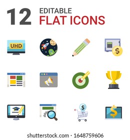 12 web flat icons set isolated on white background. Icons set with 4K Streaming, space, Pencil, front end, Promo website, rent deposit, online business, website optimization icons.