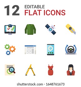 12 iconos planos web establecidos aislados en fondo blanco. Iconos con carro de la compra, puentador, satélite, rueda cognitiva, alambre, Cutter cuchillo, optimización SEO, stepladder, iconos de vestir.