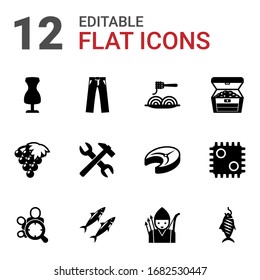 12 White Filled Icons Set Isolated On White Background. Icons Set With Sewing Mannequin, Trousers, Pasta, Winemaking, Tools, Treasure, Audience Targeting, Sardine, Archer Icons.