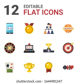 12 winner flat icons set isolated on white background. Icons set with Mobile game, medal, Leadership, roulette, slot machine, Jackpot, poker, award, victory, gambling, Target icons.
